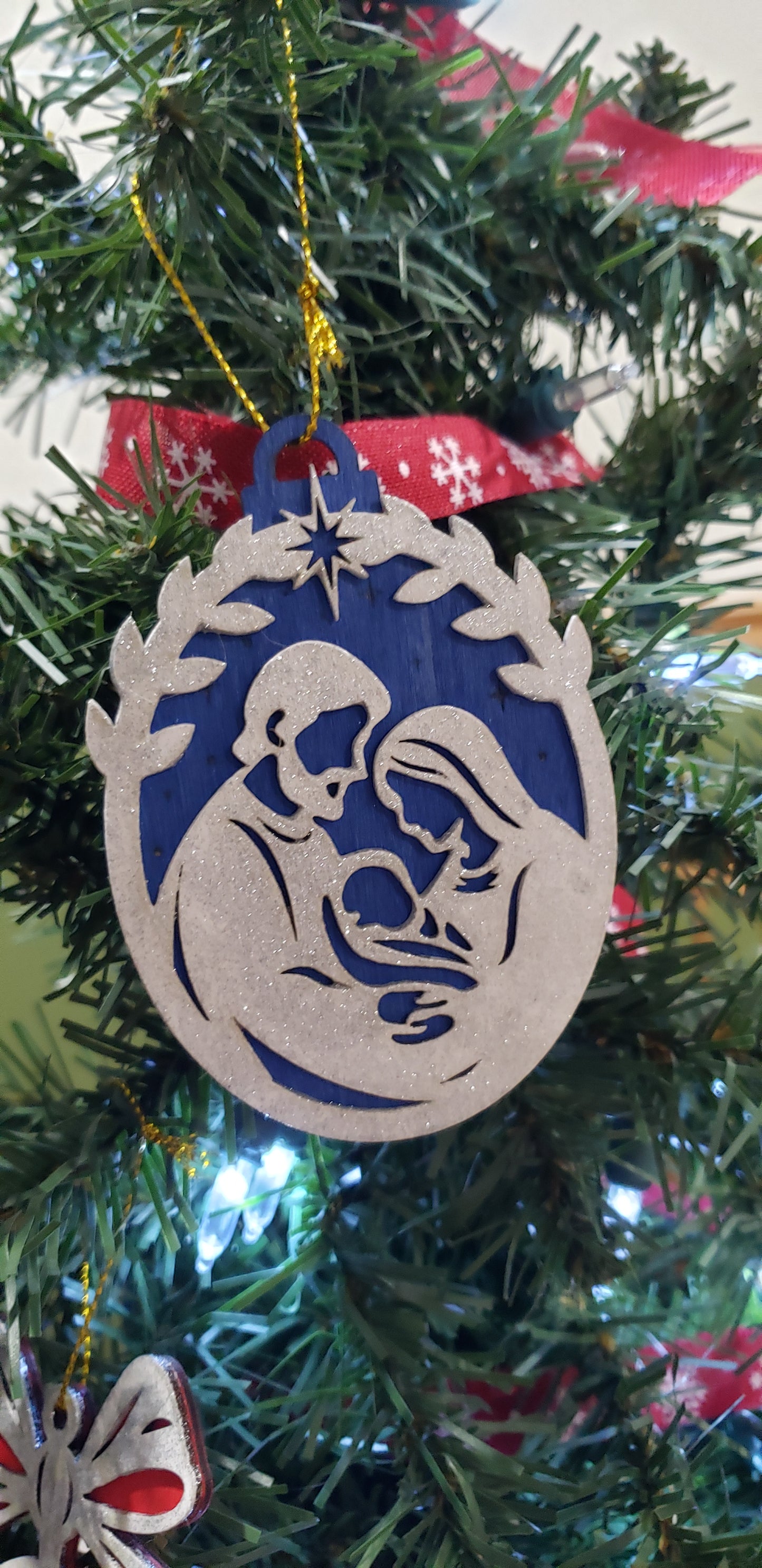 Christmas Oval Ornament - Blue and Silver Glitter - Holy Family Theme