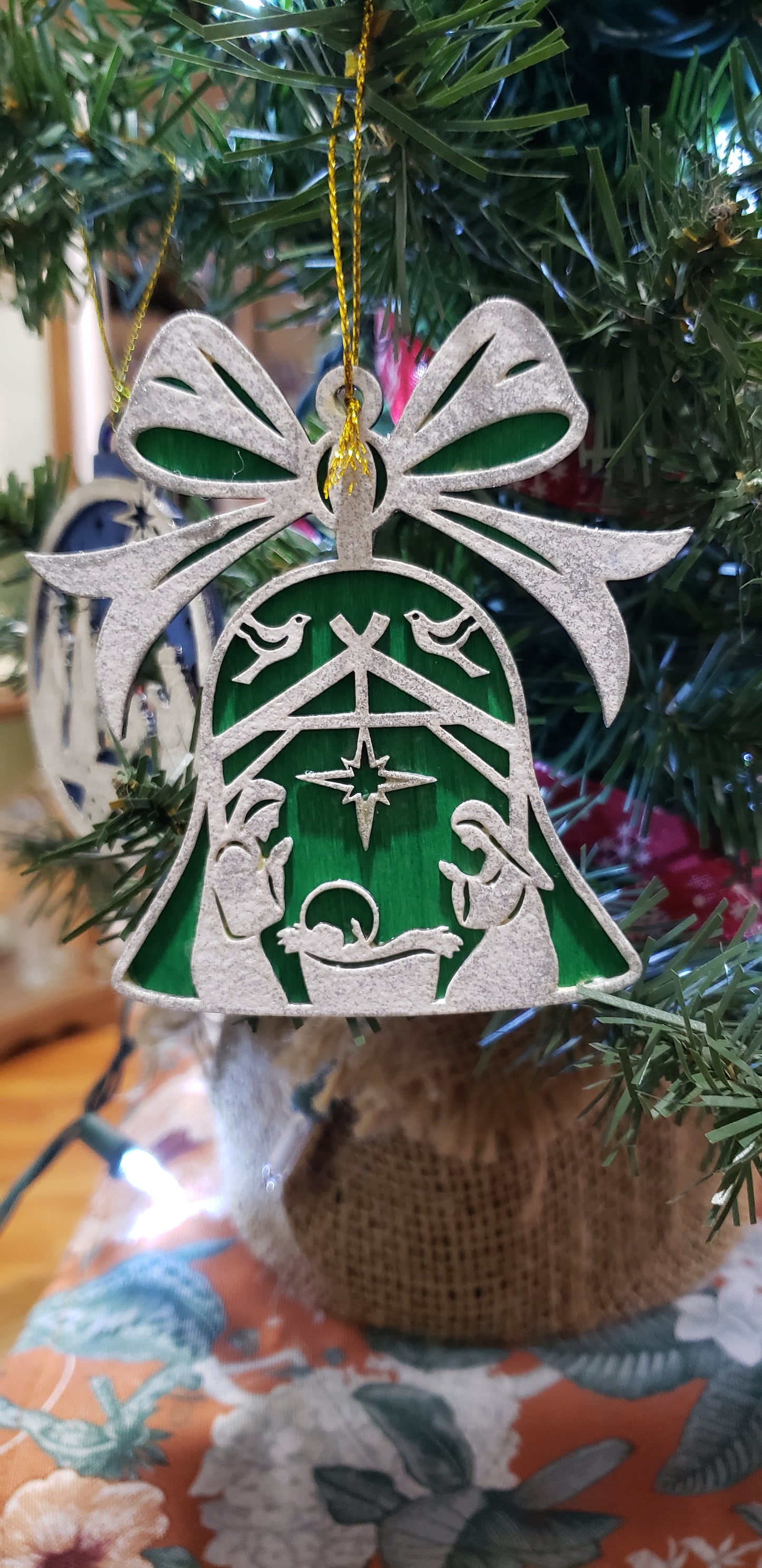 Christmas Bell Ornament - Green and Silver Glitter - Nativity Theme