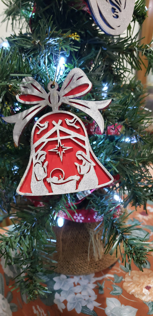 Christmas Bell Ornament - Red and Silver Glitter - Three Kings Theme