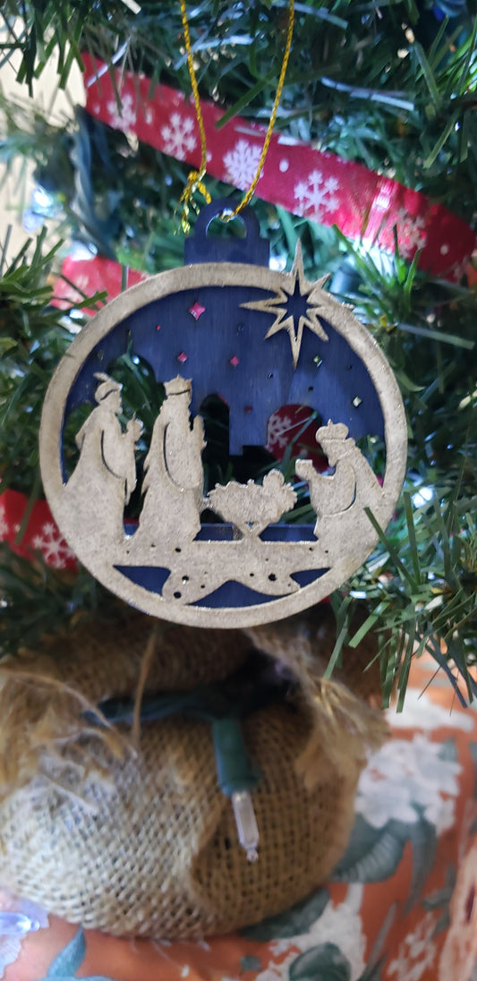 Christmas Round Ornament - Blue and Silver Glitter - Three Kings Theme